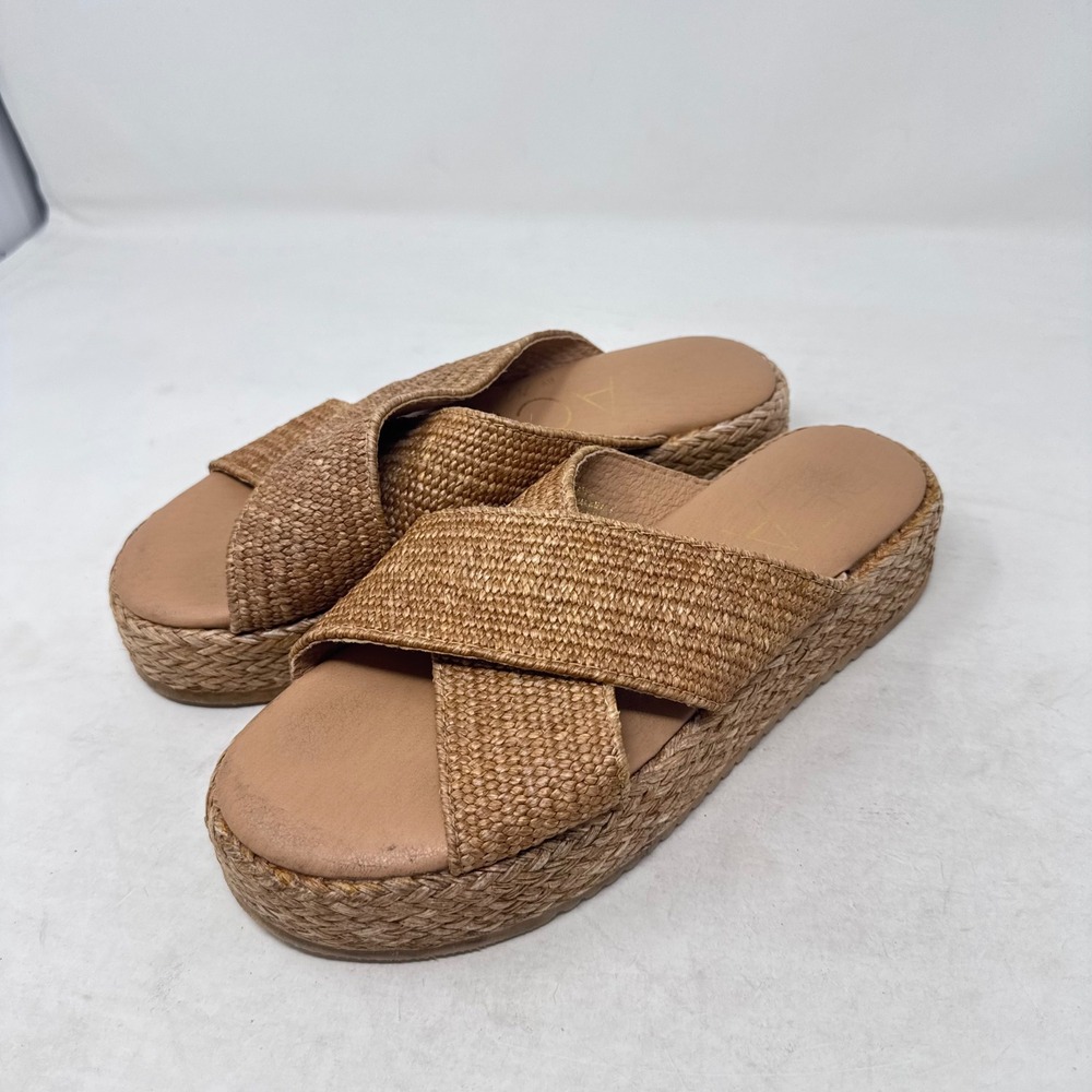 Beach by Matisse Platform Slide Sandals Tan Brown 9 Raffia Woven Espadrille Boho